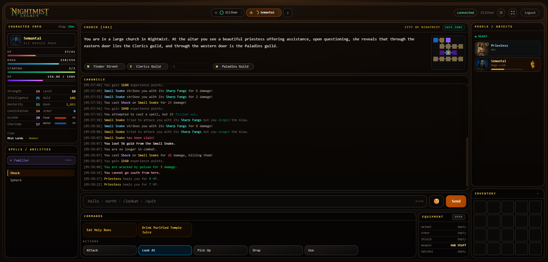The Nightmist Legacy client: character stats and spells on the left, the church room description with its exits and the combat chronicle in the centre, and people, inventory and equipment on the right