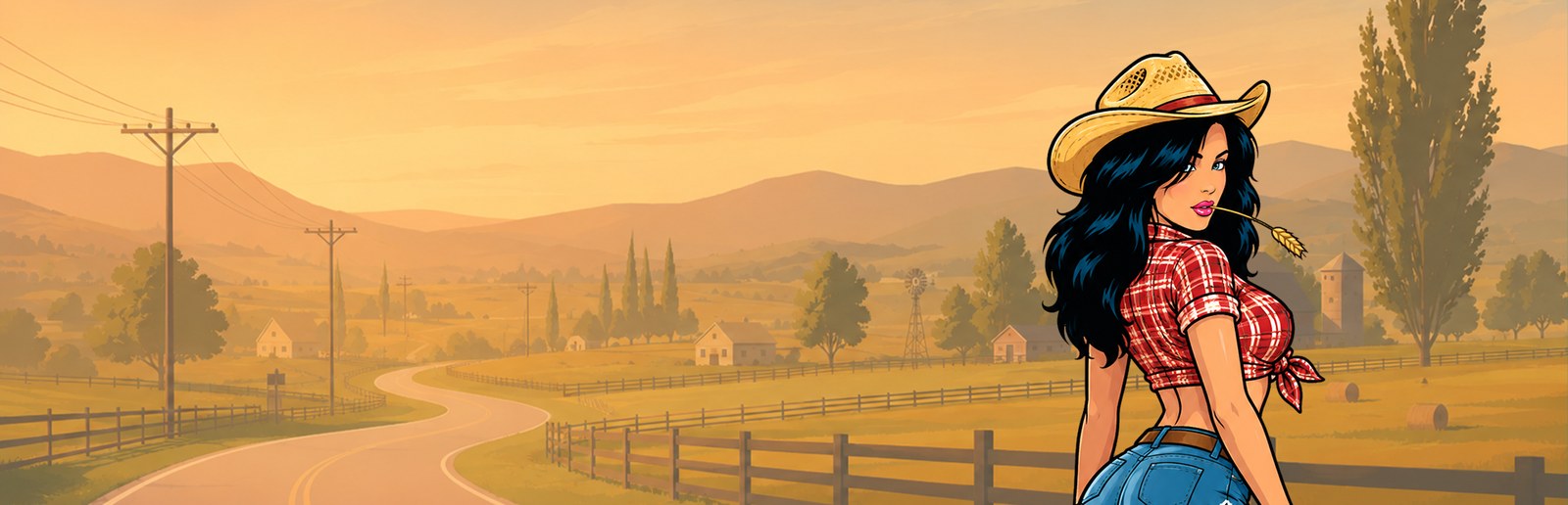 A figure in a straw hat on a county backroad at sunset, farmland and rolling hills stretching out behind them