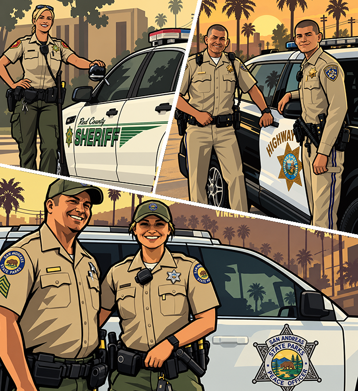 Red County Sheriff's Office, San Andreas Highway Patrol, and San Andreas State Parks officers posing beside their patrol vehicles