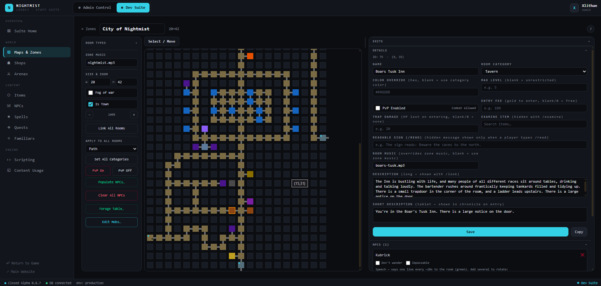 The Mistfall Engine Dev Suite: zone and room tools down the left, the City of Nightmist map in the centre, and a room&rsquo;s details, description, exits and NPCs on the right