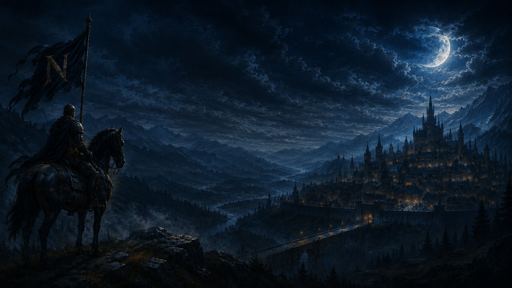 Nightmist Legacy key art: a knight with a banner on a ridge at night, looking down on a lantern-lit walled city beneath a crescent moon