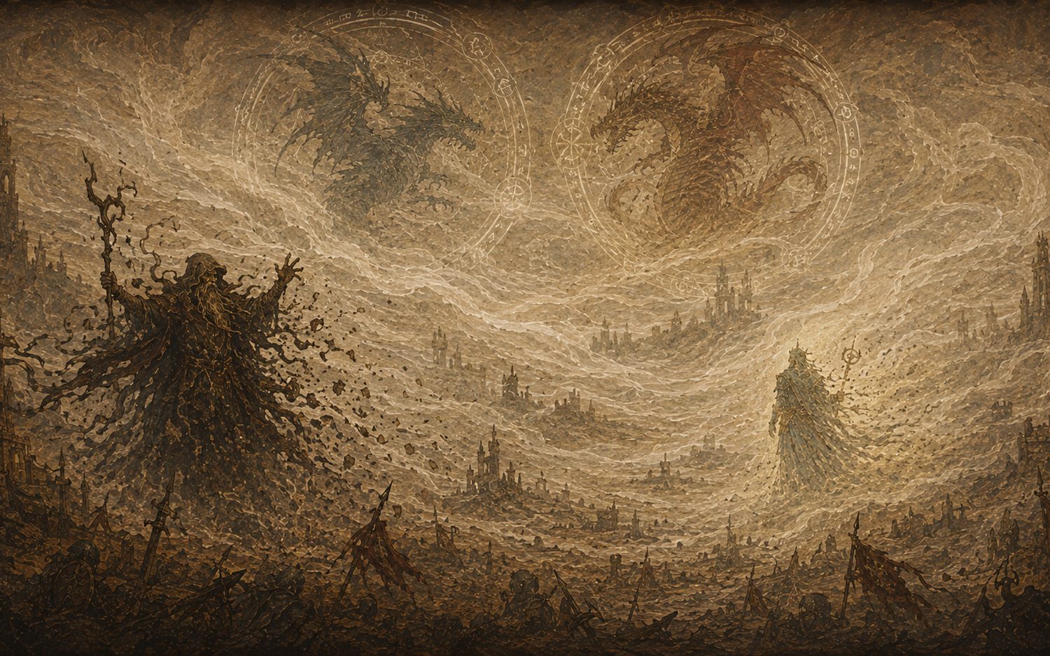 Nightmist Legacy key art: a sorcerer raising a staff over a mist-drowned plain of ruined cities, dragons circling in sigils overhead