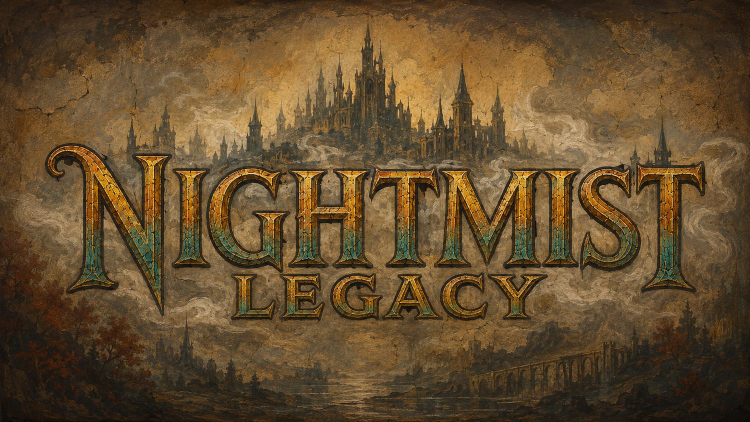 Nightmist Legacy title card: the name in gilded lettering before a spired city rising out of the mist